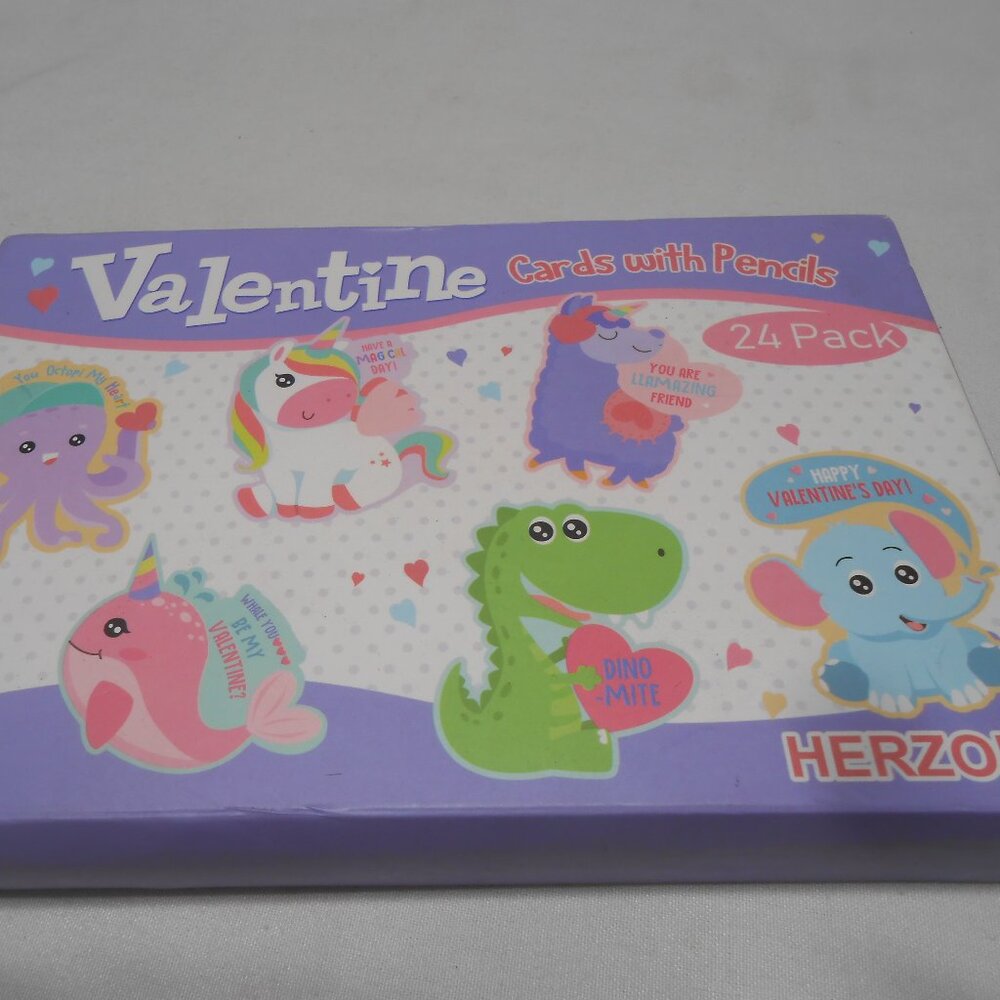 NEW SEALED BOX VALENTINE CARDS WITH PENCILS HERZOME 24 PACK SCHOOL PARTY FAVOR💕